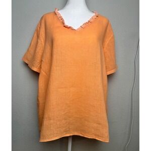 M Made in Italy Orange 100% Linen Ruffle V-Neck Tunic Top XL Short Sleeve Boho